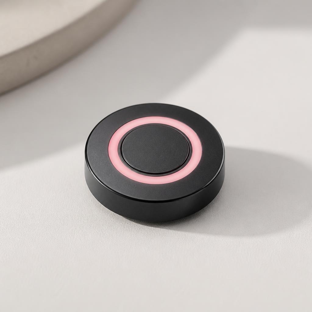 Acessório Moon Line redondo e compacto, em desenvolvimento, conectado ao celular por Bluetooth